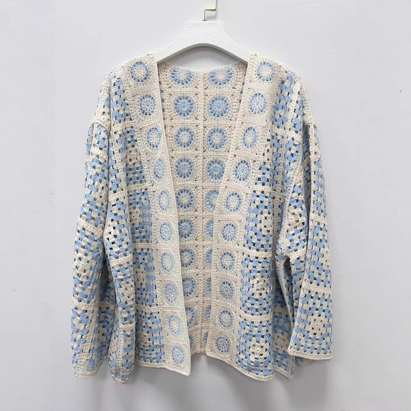 2026 Spring New Style Retro Ethnic Style Contrast Color Crochet Hollow V-Neck Long Sleeve Women's Knitted Cardigan 2026 Spring New Style Retro Ethnic Style Contrast Color Crochet Hollow V-Neck Long Sleeve Women's Knitted Cardigan
