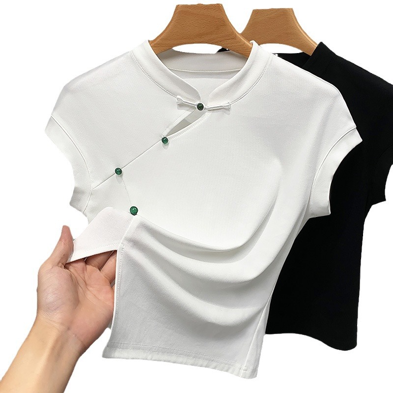 Nuevo estilo chino chaleco de manga corta para mujer, verano de 2025, nuevo estilo retro, diseño de hebilla de disco, camiseta con mangas image 5