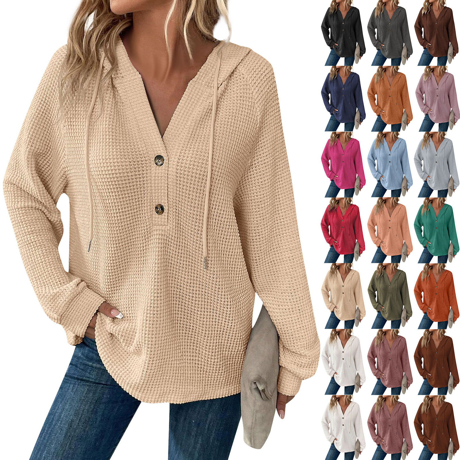 2025 European and American Cross-border Foreign Trade Autumn/Winter New Women's Clothing Solid Color Waffle Knit Hooded Button-Down Loose Long-Sleeved Sweatshirt