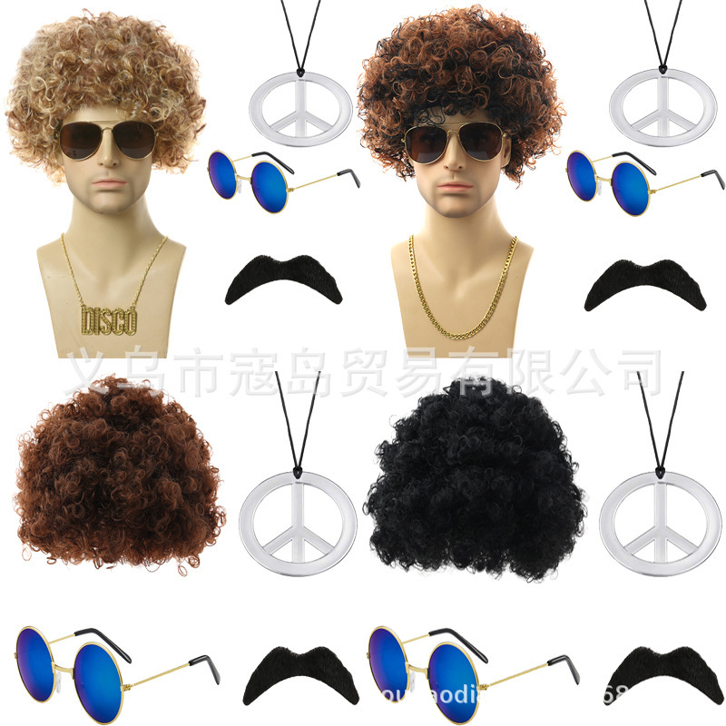 European and American Men's Rock Hair Halloween Disco Hippie 80S Punk Big Dollar Bill Necklace Black Curly Wig
