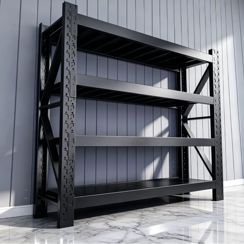 Black shelving unit, household storage rack, 800 series, suitable for supermarkets and garages, adjustable and reinforced for heavy-duty storage