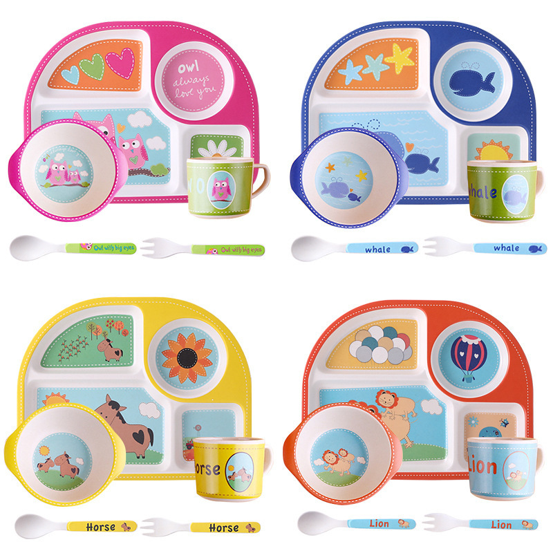 Cartoon Bamboo Fiber Children's Tableware Set Five-Piece Set Kindergarten Baby Dining Plate Cartoon Rice Bowl