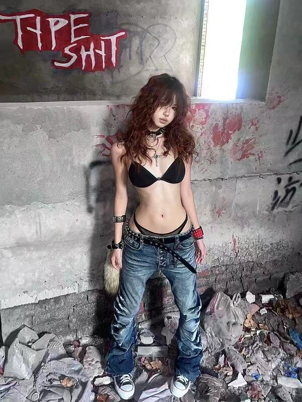 跨境冰蓝裂痕水洗立体裤子弯刀版型高弹雾蓝美式牛仔裤男女高街百|undefined