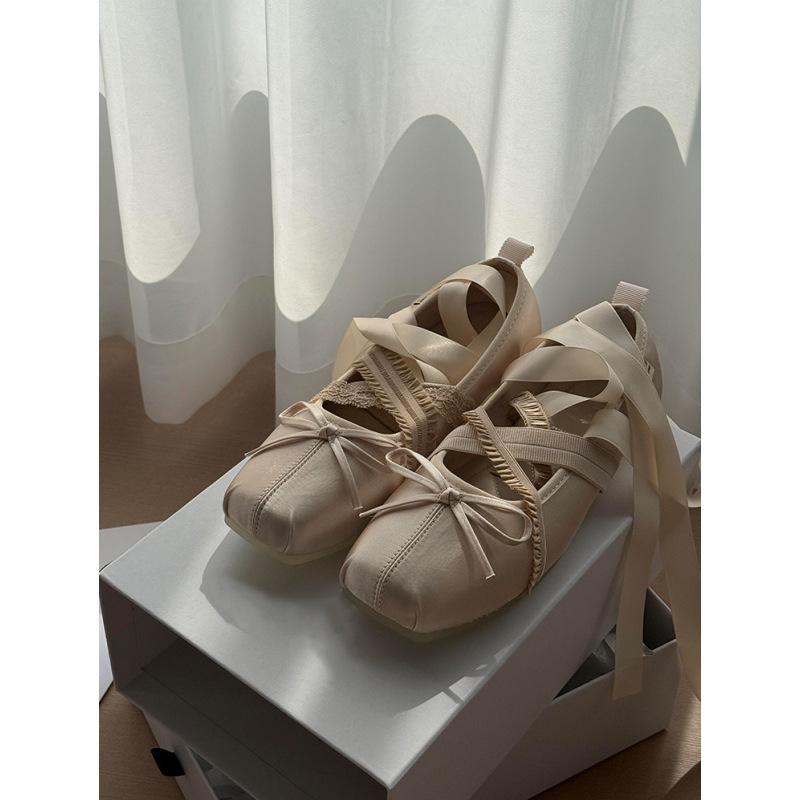 Sweet Style Lace-Up Bow Ballet Shoes for Women, Square Toe Shallow Mary Jane Shoes, Flat Shoes, New Spring Style