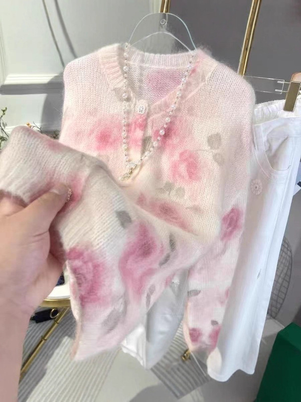 慵懒风渐变色扎染马海毛针织衫女春秋温柔风软糯内搭毛衣套头上衣|undefined