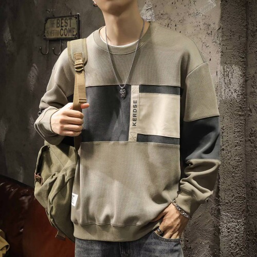 Autumn American Heavyweight Youth Fashion Loose Men's Long-Sleeve T-Shirt Crew Neck Colorblock Hoodie