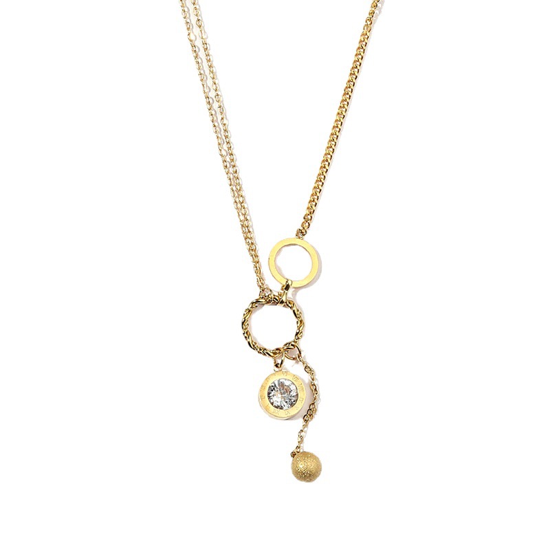 Korean version of fashionable stainless jewelry with diamond inlay, round ball tassel chain, versatile titanium steel_voghion.com