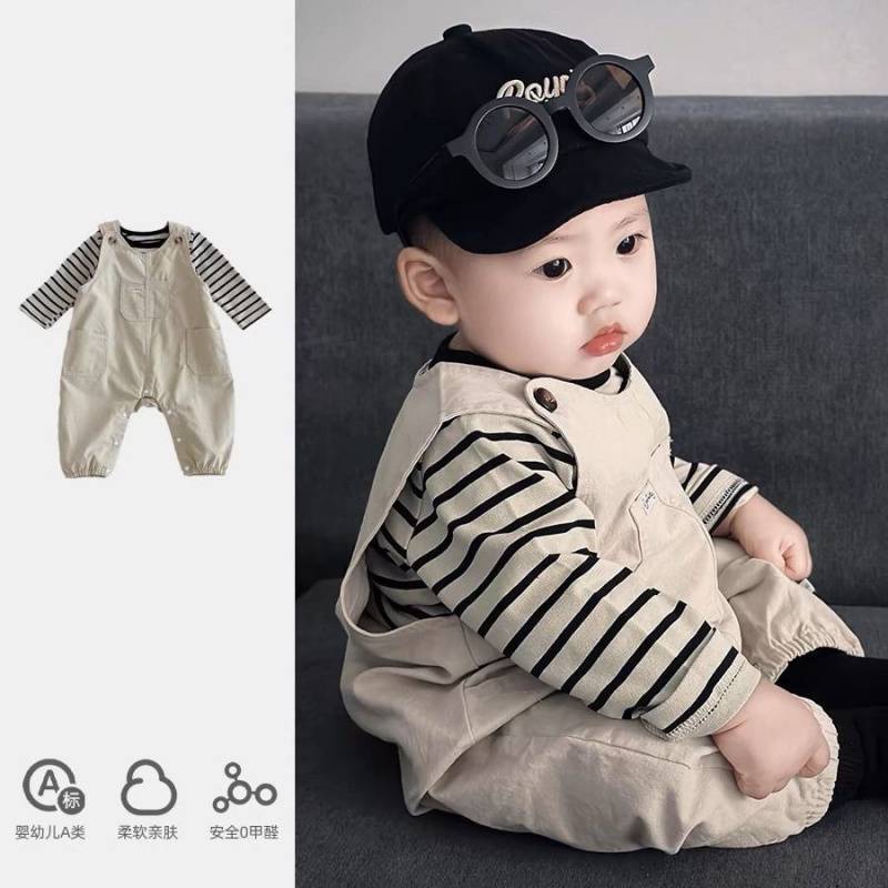 男童婴儿背带裤套装男女宝宝两件套春秋装连体条纹洋气外出服网红