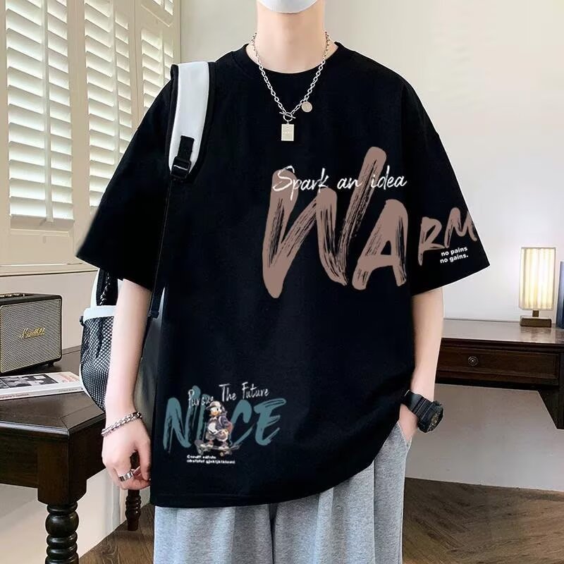 2025 Summer Pure Cotton Short-Sleeved T-Shirt Boys American Ins Half-Sleeved Loose T-Shirt Large Size Bottoming Shirt Trendy Brand