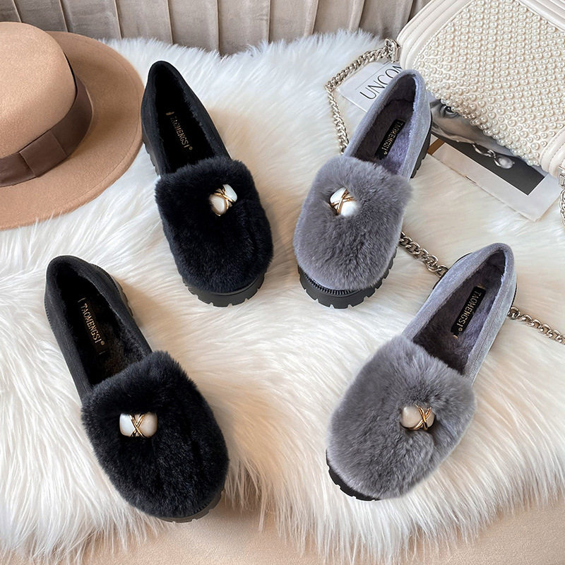 Giày búp bê nữ lót lông giữ ấm đế dày gót 3-5 cm — Màu xám, Màu đen