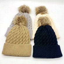 歐美秋冬新款純色麻花針織帽加厚時尚防風保暖大毛球卷邊毛線帽