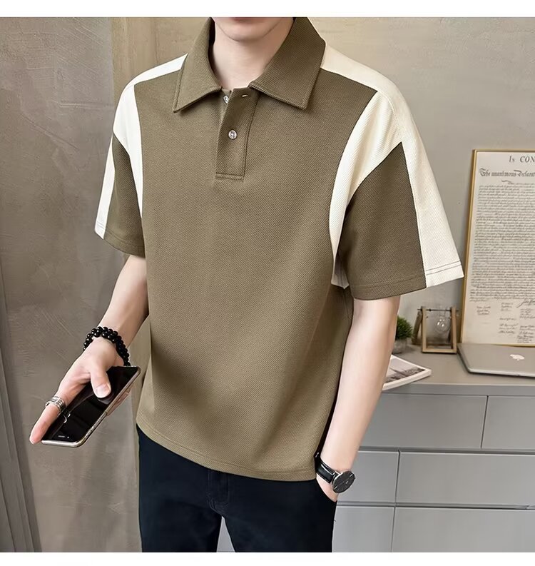 Herren Patchwork Polohemd Atmungsaktives Baumwoll Casual Shirt_voghion.com