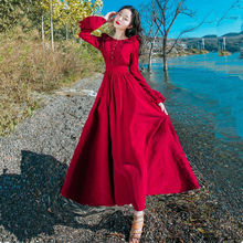 秋冬季文艺复古红色灯芯绒连衣裙沙漠度假衣服长袖仙女装大摆长裙