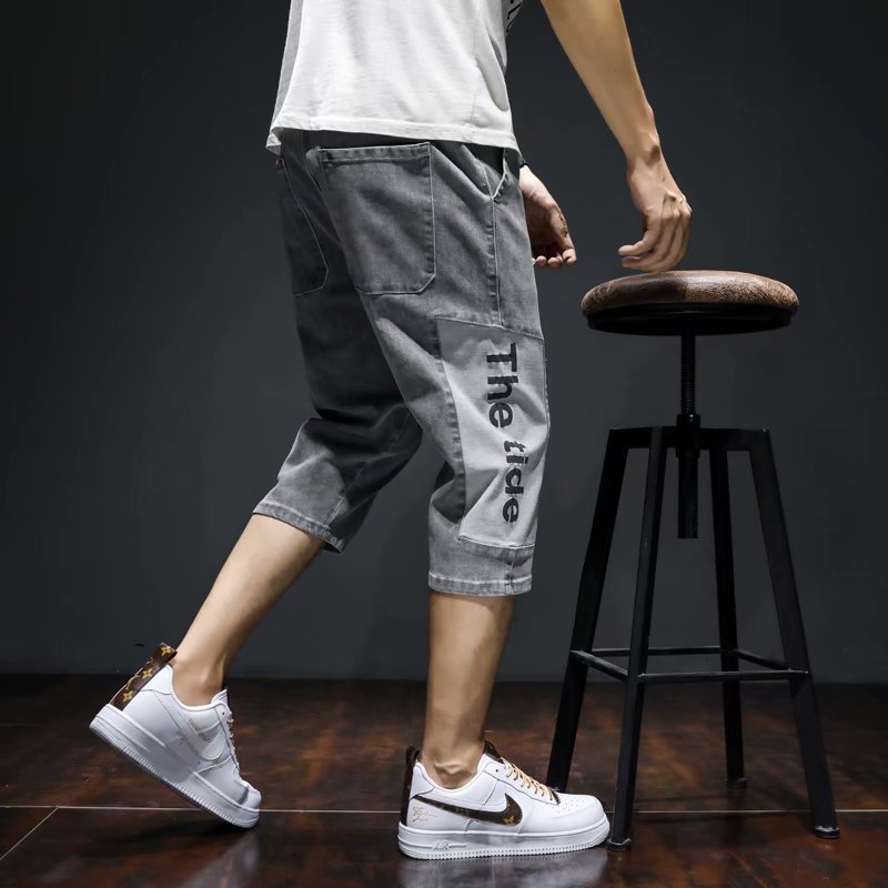 Summer Cropped Jeans Men's Korean-style Trendy Elastic Waist Loose Harlan Foot Shorts Trendy Ultra-thin