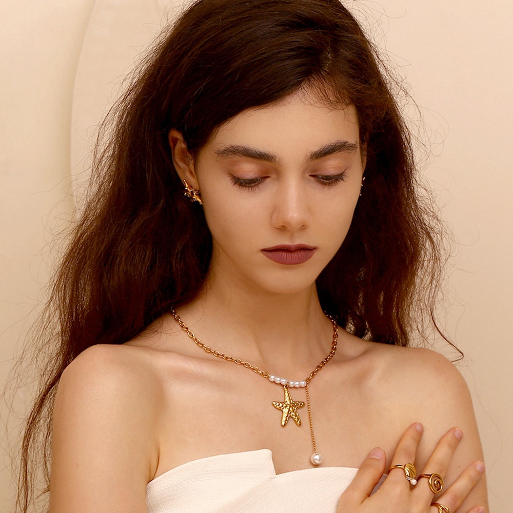 Starfish Imitation Pearl Fringe Stainless Steel Pendant Necklace