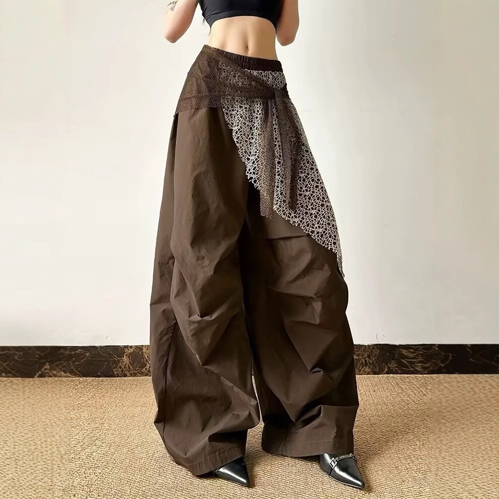 アメリカンカジュアルストリートプリーツパーソナライズフェイクツーピースカジュアルパンツ女性用、ハンサムなデザイン、スリムで多用途なワイドレッグパンツ