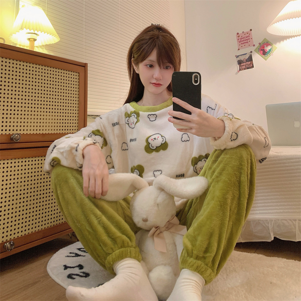 플란넬 파자마 국경 도매 파자마 여성의 가을과 겨울 플란넬 두꺼운 소녀의 홈 의류 세트