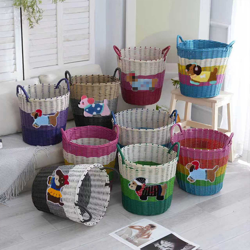 大号脏衣篮塑编脏衣篓多色拼接宿舍家用杂物收纳篮手提脏衣篮批发