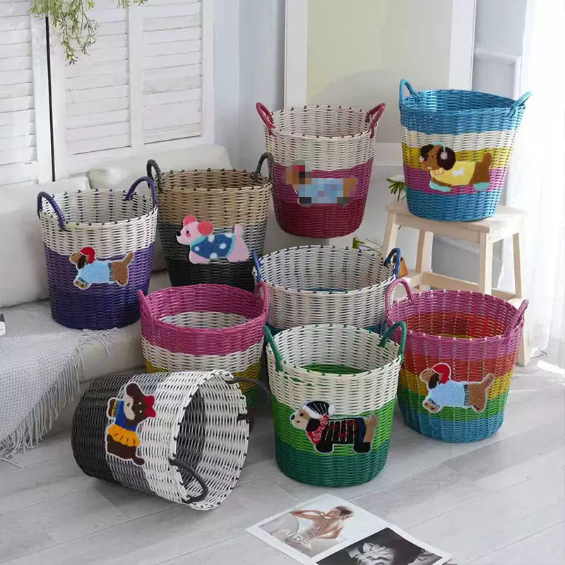大号脏衣篮塑编脏衣篓多色拼接宿舍家用杂物收纳篮手提脏衣篮批发