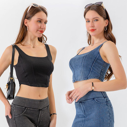 European and American new denim yoga sports vest for women, U-shaped elastic slimming and beautiful back, quick-drying fitness top for outer wear