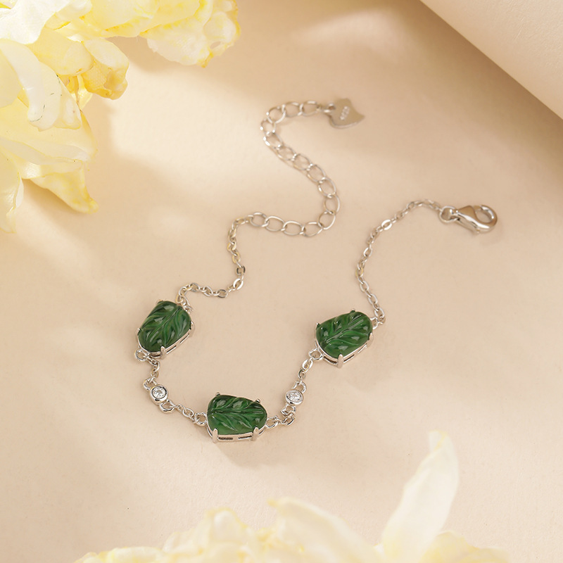 Pulsera de jade natural S925 Pulsera de hoja de plata esterlina para mujer, incrustaciones de plata, material peligroso, tipo de hielo, diseño de nicho, sentido avanzado al por mayor