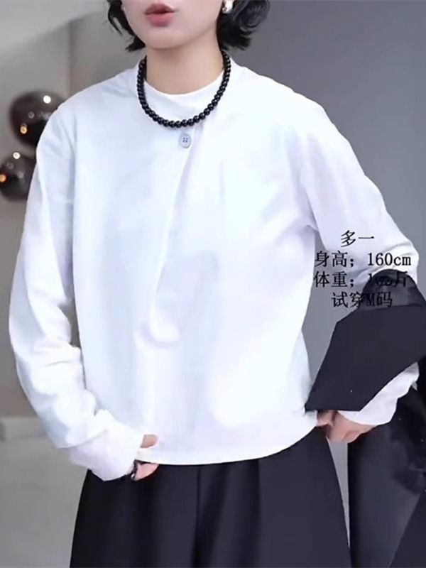 丸首の純綿の白いインナーシャツの女性の春の長袖tシャツ2025の新型の春と秋の幅の松の肩の上着|undefined