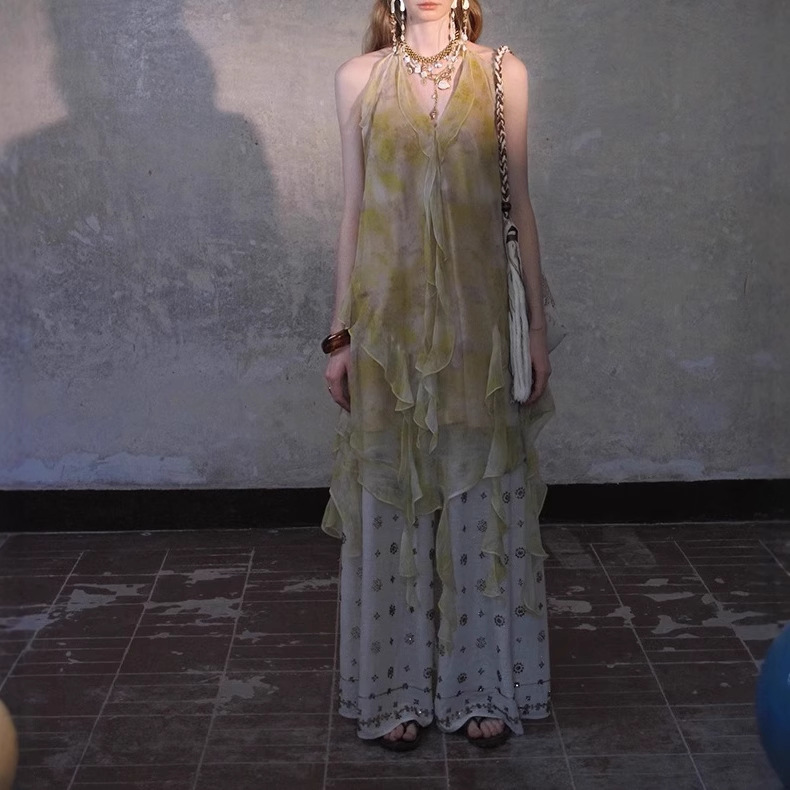 Carieo Lemon Tree at Sunset 2025 Summer New Bohhic Wave Ruffle Dress