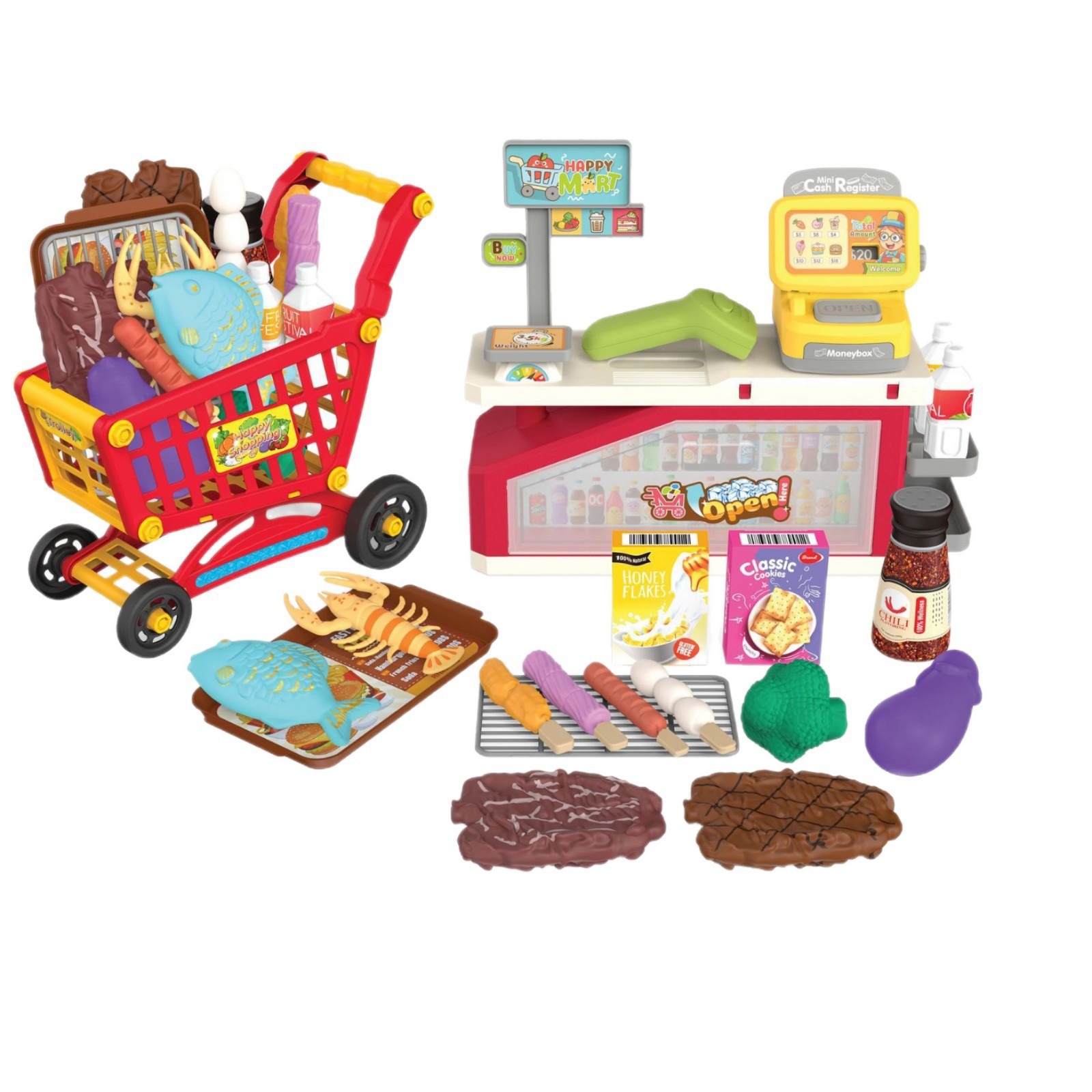 Transfronterizos niños mini hamburguesas barbacoa galletas de frutas supermercado escaneo caja registradora casera juguetes carrito de compras