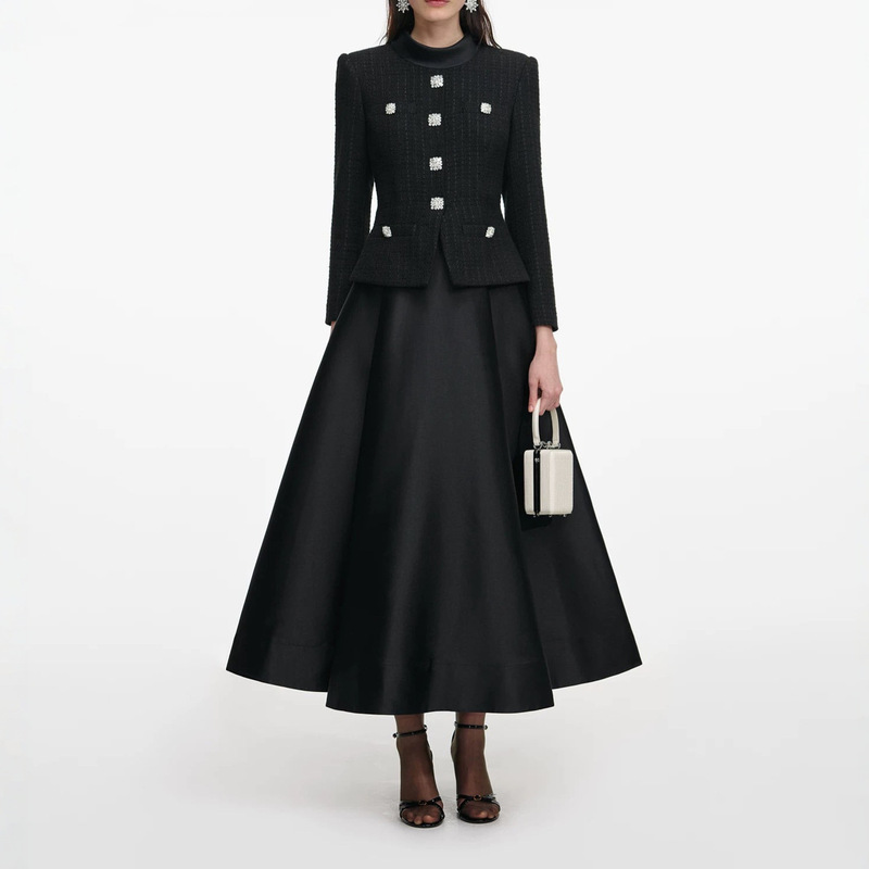 European and American Designer Women's High-Neck Rhinestone Button Waist-Cinching Slim-Fit Long-Sleeve Tweed Dress Long Gown 2203