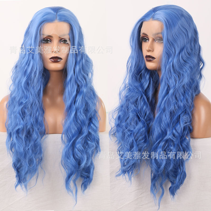 Europe and the United States cross-border Amazon New 13*4 front lace blue long curly wig headgear factory a generation of hair
