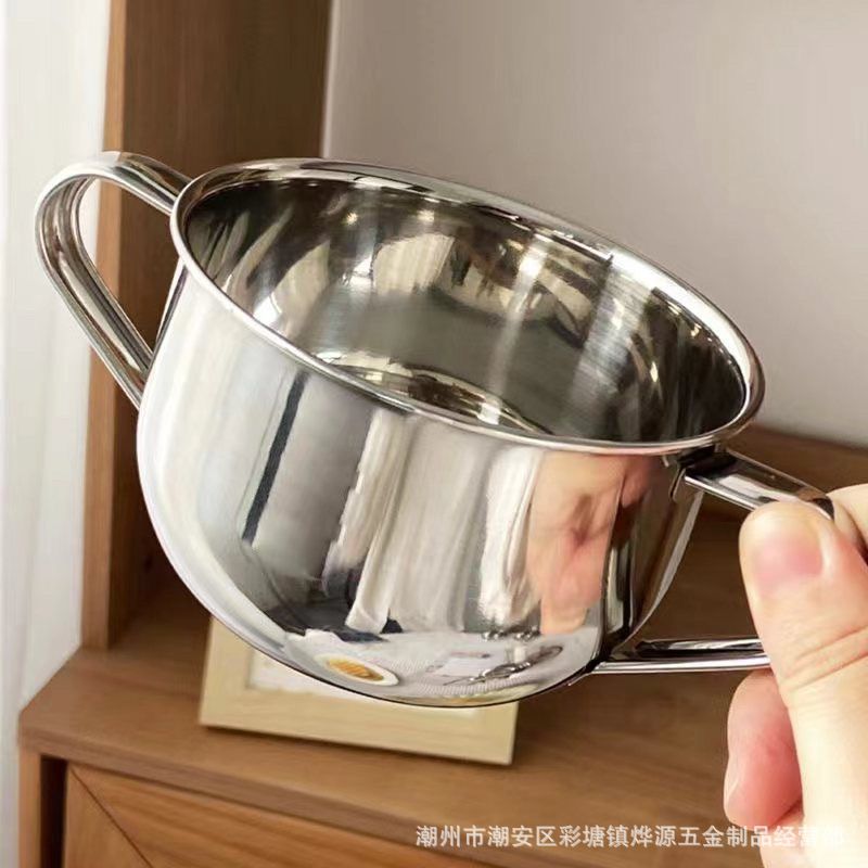 304 Stainless Steel Double Ear Bowl Student Breakfast Milk Bowl Household Baby Children Double Handle Bowl Thickened Food Grade