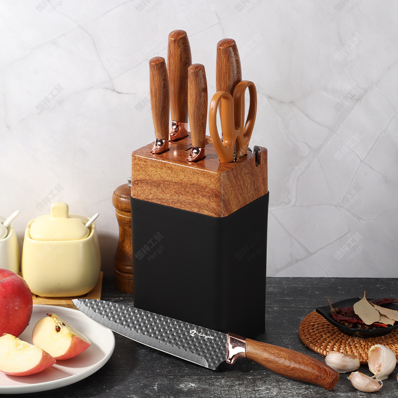 Cuchillo de acero inoxidable de venta transfronteriza conjunto de cuchillo de cocina cuchillo de frutas combinación de mango cuadrado de madera seis piezas al por mayor