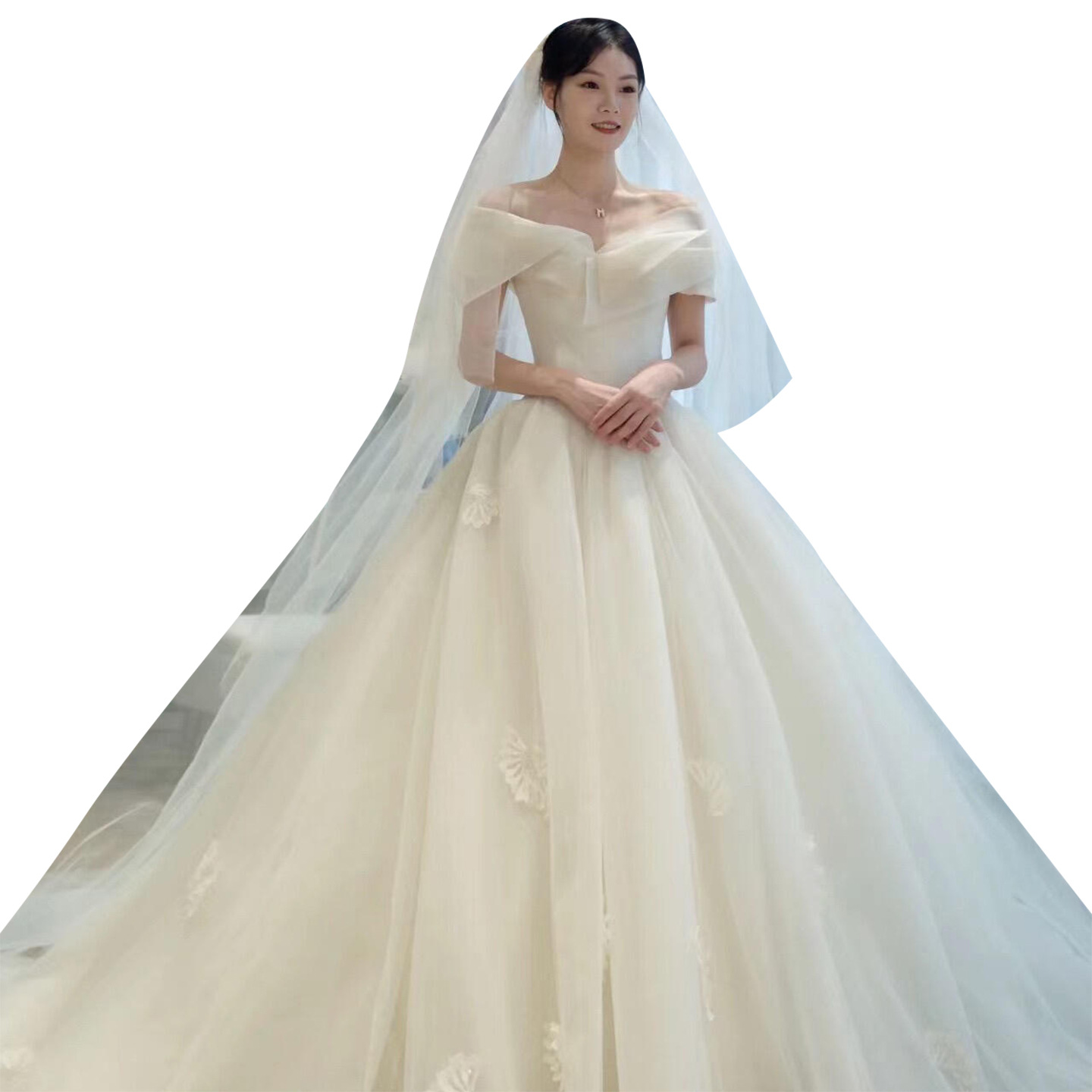 Vestido de novia estilo francés 2025, nuevo modelo, con textura de alta calidad para mujeres embarazadas de baja estatura, hombros descubiertos con cola larga D96