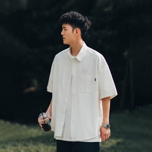 Japanese-style layering single-color short-sleeve shirt for men, trendy, lazy temperament, summer new leisure white work shirt