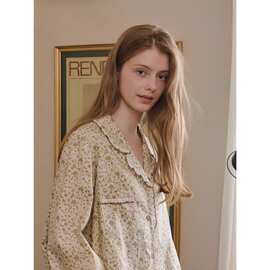 现货外贸亚马逊睡衣女长袖翻领开衫小清新春秋季女款家居服两件套