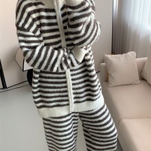冬季睡衣女条纹拉链衫潮流ins风保暖长袖睡衣家居服 pink weo正品