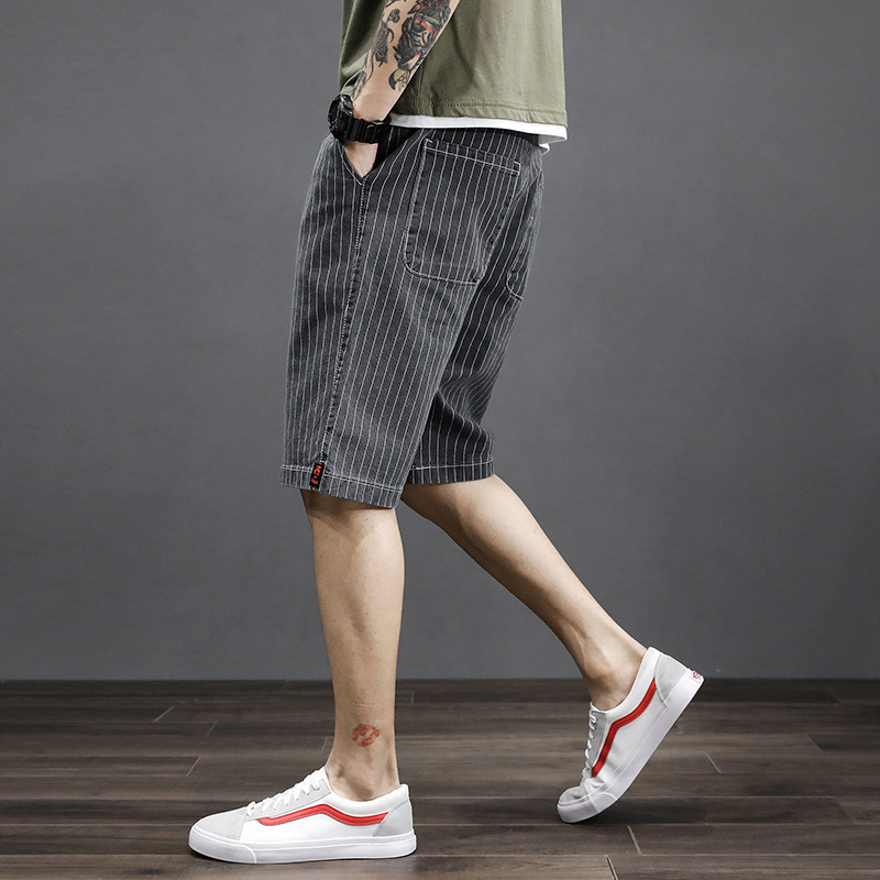 Striped Jeans Men's Summer Thin Loose Stretch Shorts Men's Trendy Elastic Waist Iron-Free Pants