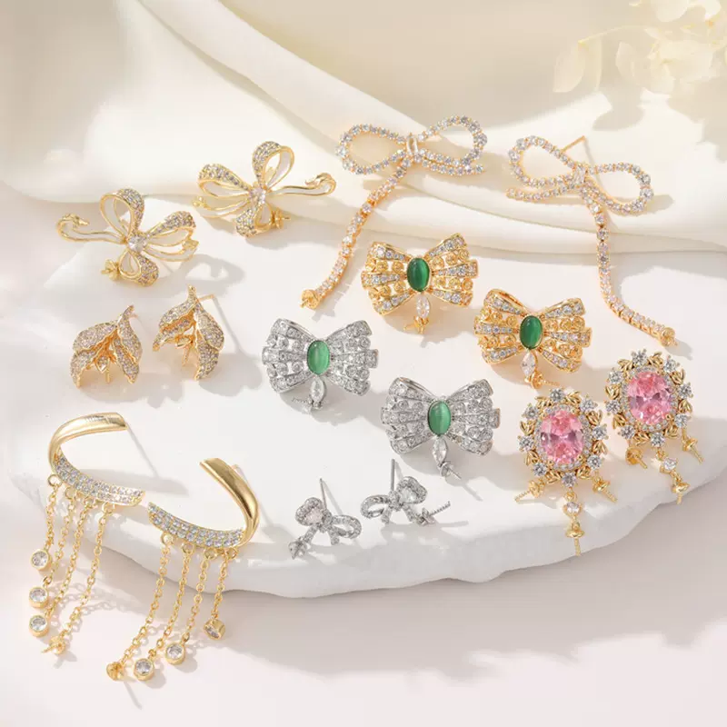 S925银针高级感时尚锆石蝴蝶结长款流苏耳钉女DIY手工珍珠耳饰