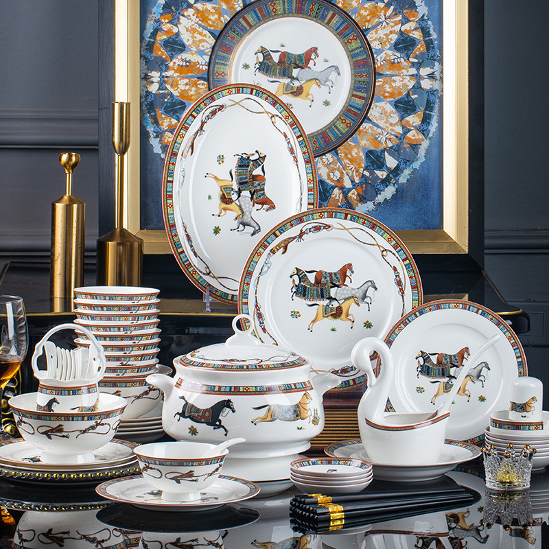 Jingdezhen bowl and plate household set European luxury tableware 2023 new Oriental horse ceramic bowl and plate set 