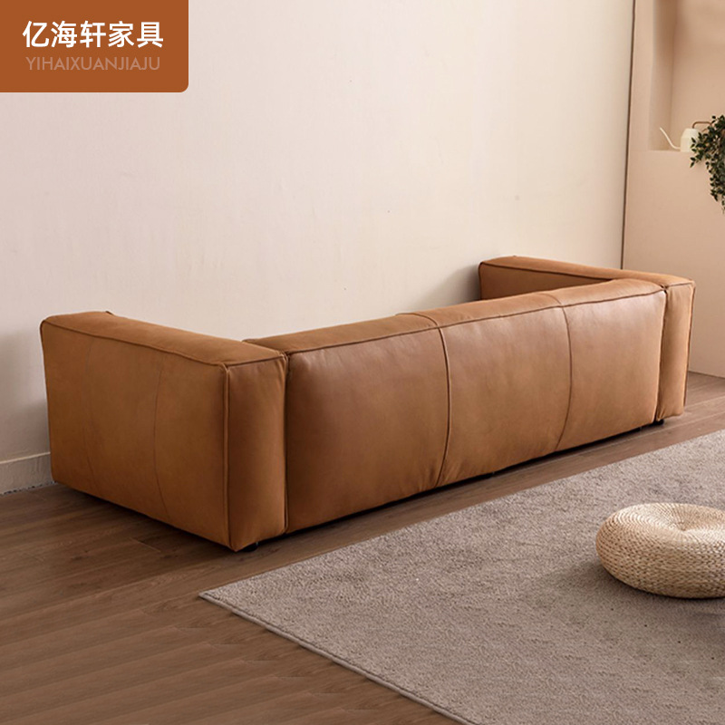 Retro primera capa de piel de vaca sofá de cuero genuino fila recta retro estilo industrial sofá de tres asientos moderno simple sala de estar esquina