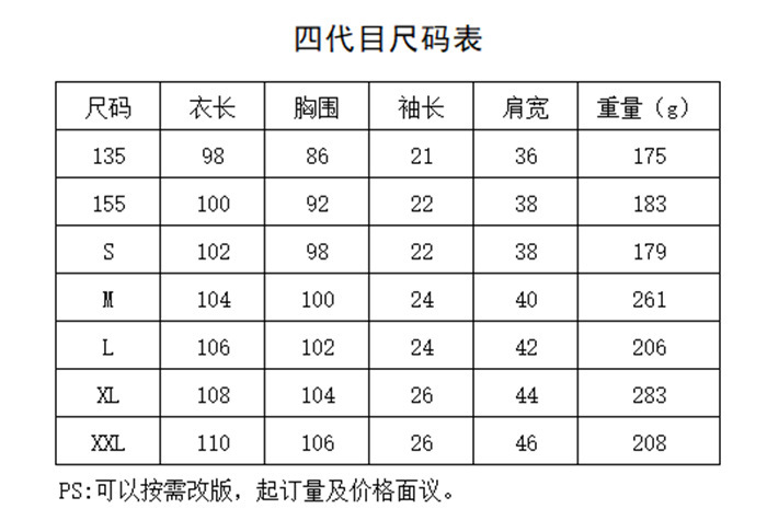 四代目尺码表