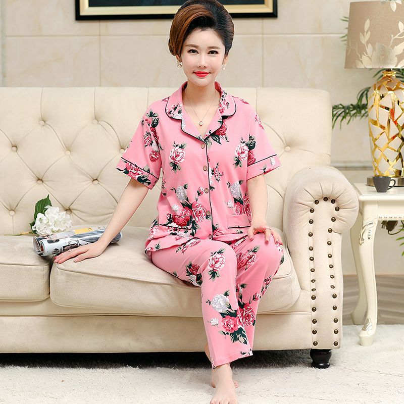 Pijama mujer de mediana edad y anciana suegra 100% algodón manga corta primavera y verano traje Delgado cardigan suelto más tamaño