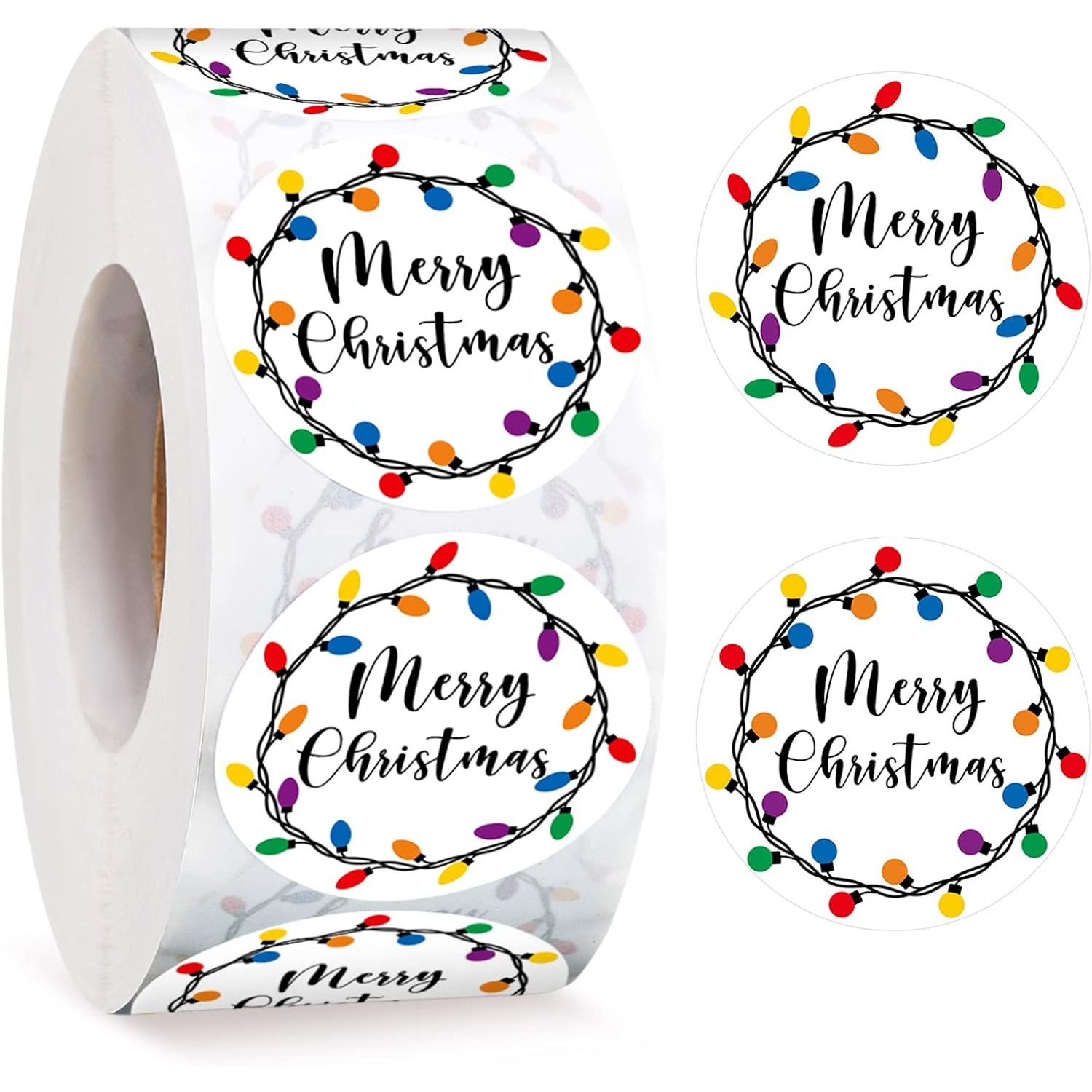 圣诞灯饰黑字圆形贴纸1000张节日贺卡信封装饰