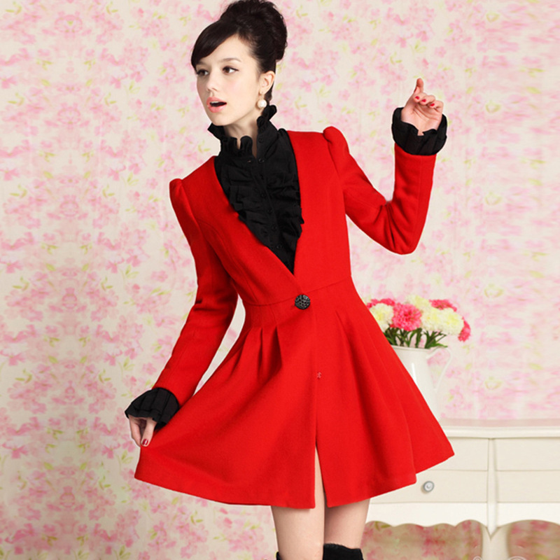 2024 Spring New Women's Clothing Commuter Elegant Red Princess Puff Sleeve V-neck Skirt Wool Coat