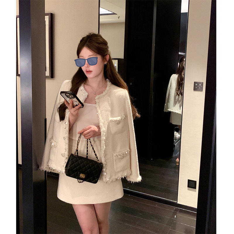 杨小卷 手工花边 质感粗花呢小香风套装白色外套清冷富家千金穿搭|undefined