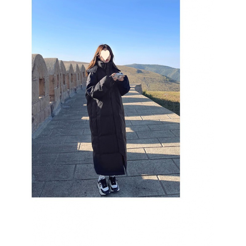 Black Long Cotton-padded Coat Women's Winter New Super Long Women's to Ankle Korean Style Thickened Casual Coat Winter Trendy