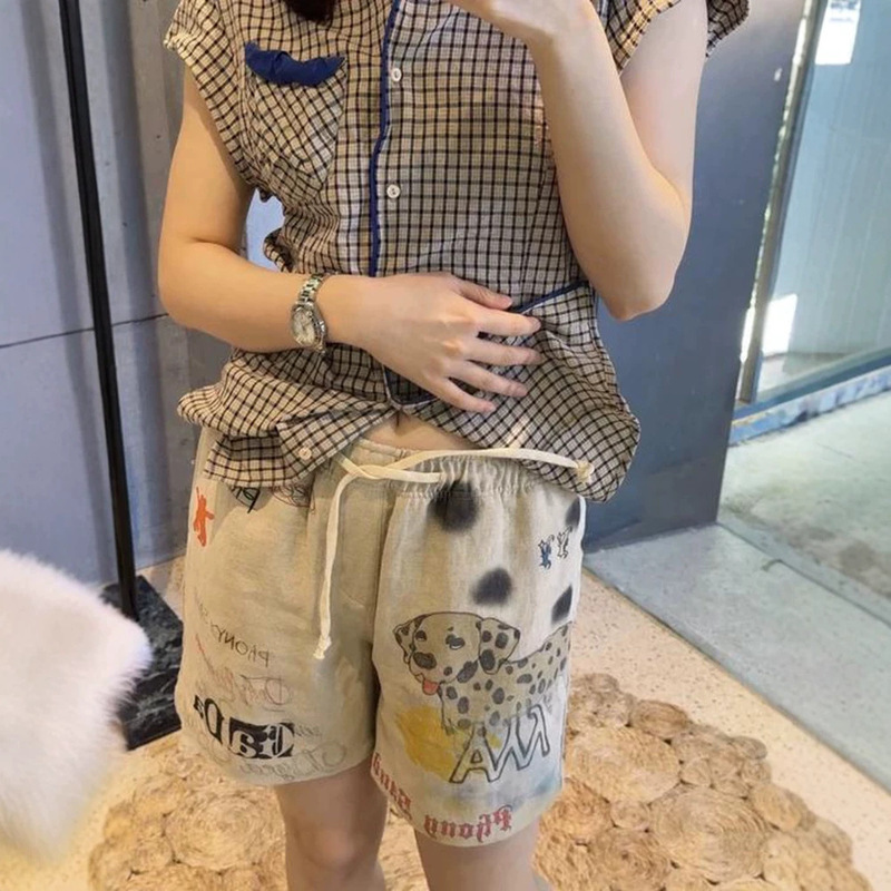 New vintage graffiti style hand-painted printed shorts for women, summer drawstring elastic waist casual cargo pants open*y New vintage graffiti style hand-painted printed shorts for women, summer drawstring elastic waist casual cargo pants open*y