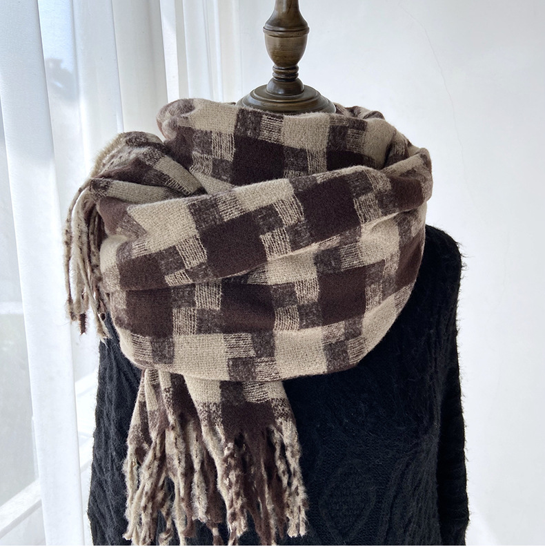 Kariert Schal Mit Fransen Für Damen Für Herbst Und Winter_voghion.com