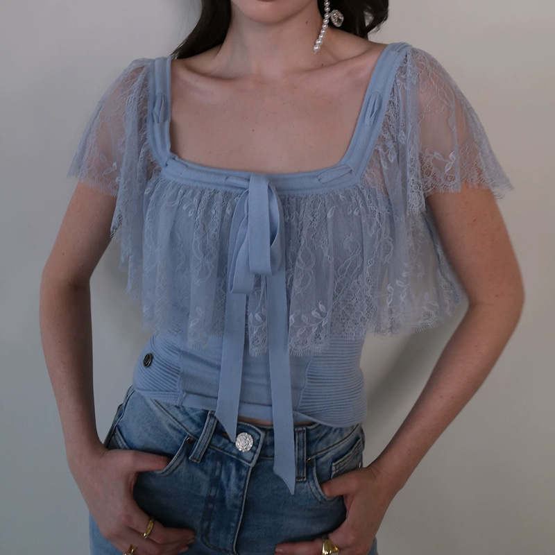 【Romantic Dialogue】2026 New Korean Style Gentle Lace Patchwork Knit Top Slimming Chiffon Camisole 【Romantic Dialogue】2026 New Korean Style Gentle Lace Patchwork Knit Top Slimming Chiffon Camisole
