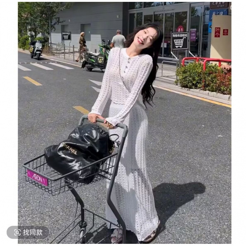 套装早秋新款法式高级感修身镂空圆领长袖上衣气质高腰显瘦半身裙|undefined